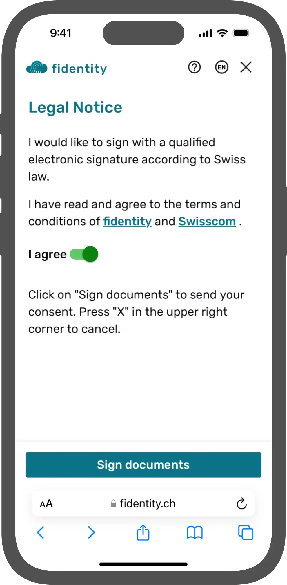 Mockup of the fidentity IDENT process, showing the legal notice and confirmation