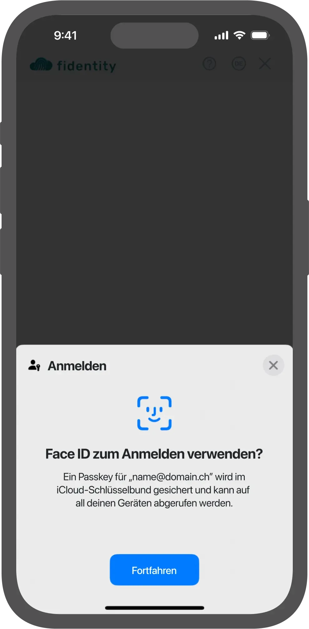 Mockup des fidentity-Prozesses, das ein Smartphone zeigt, das um Zugriff auf Face ID bittet.