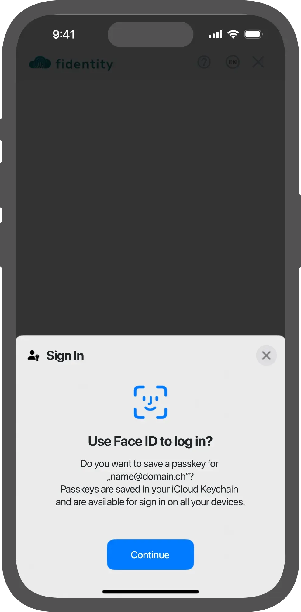 Mockup of the fidentity process, showing a smartphone requesting access to Face ID.