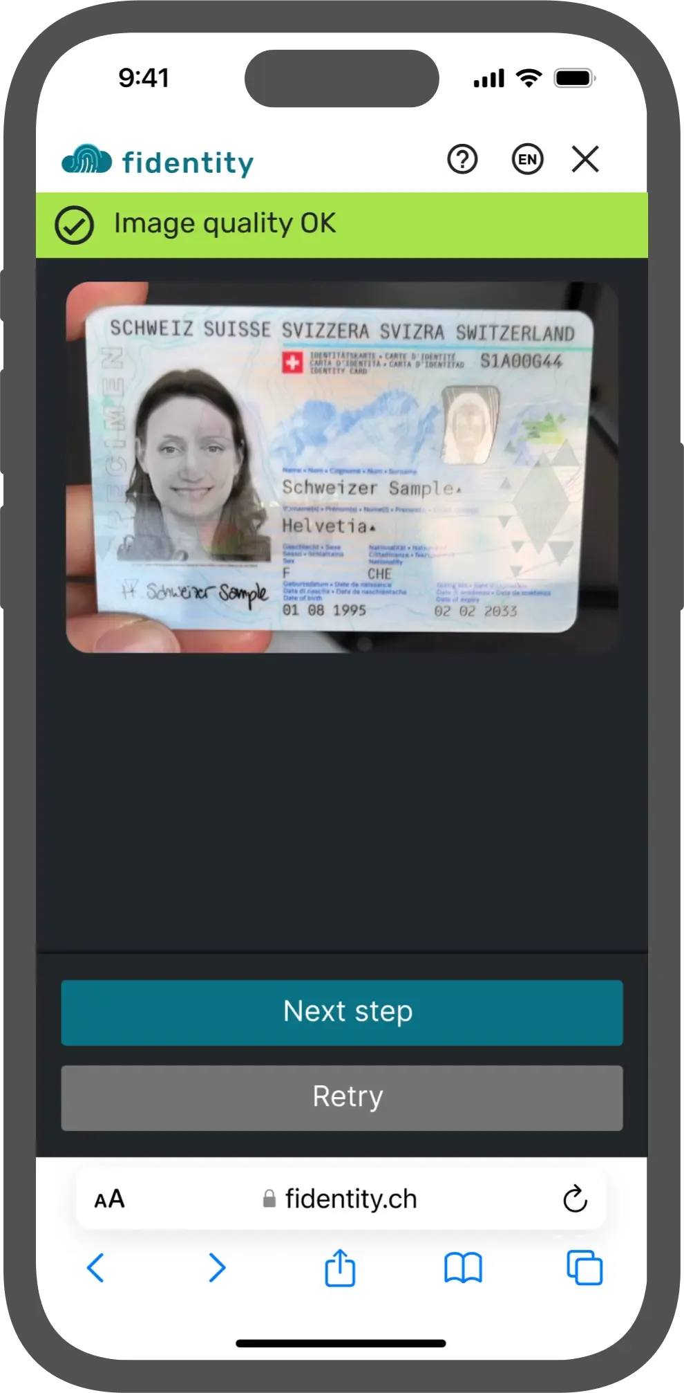 Mockup of the fidentity identification process, where an ID card is being scanned with a smartphone.