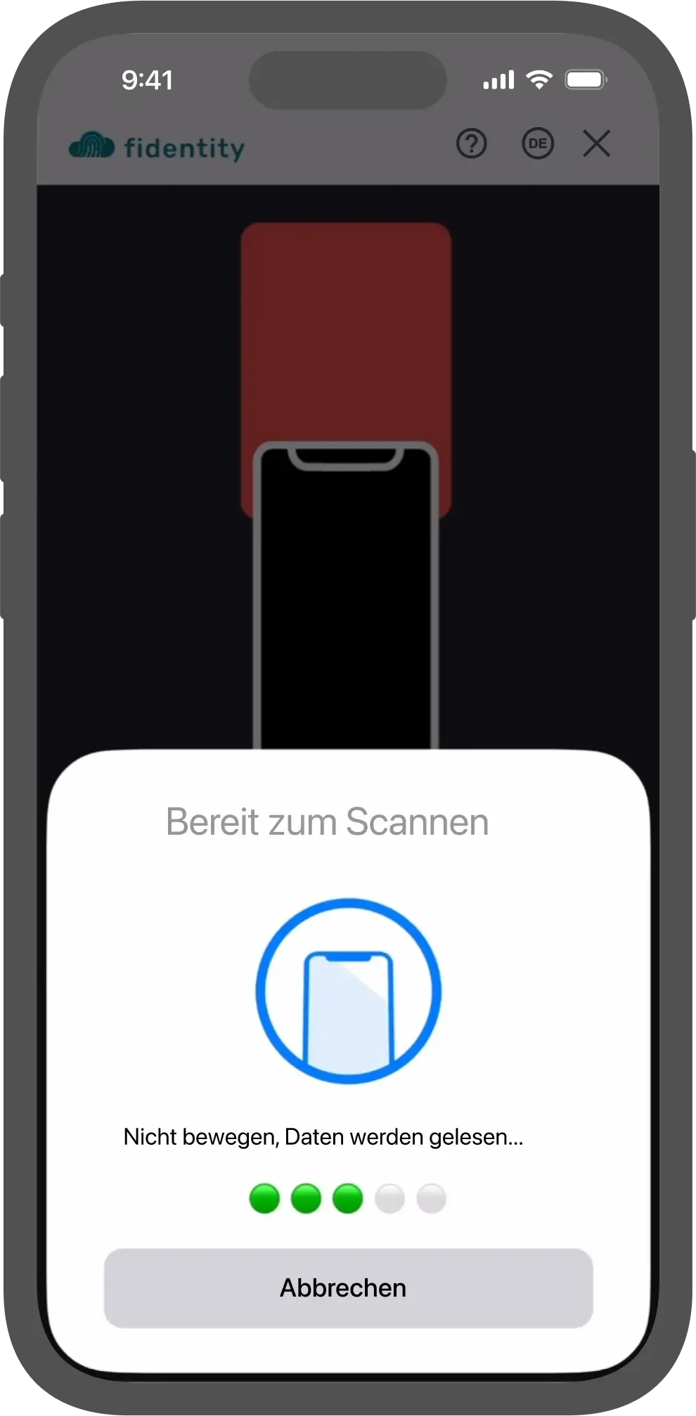 Mockup des fidentity Prozesses, bei dem die NFC Daten aus einem Pass via Smartphone gelesen werden.