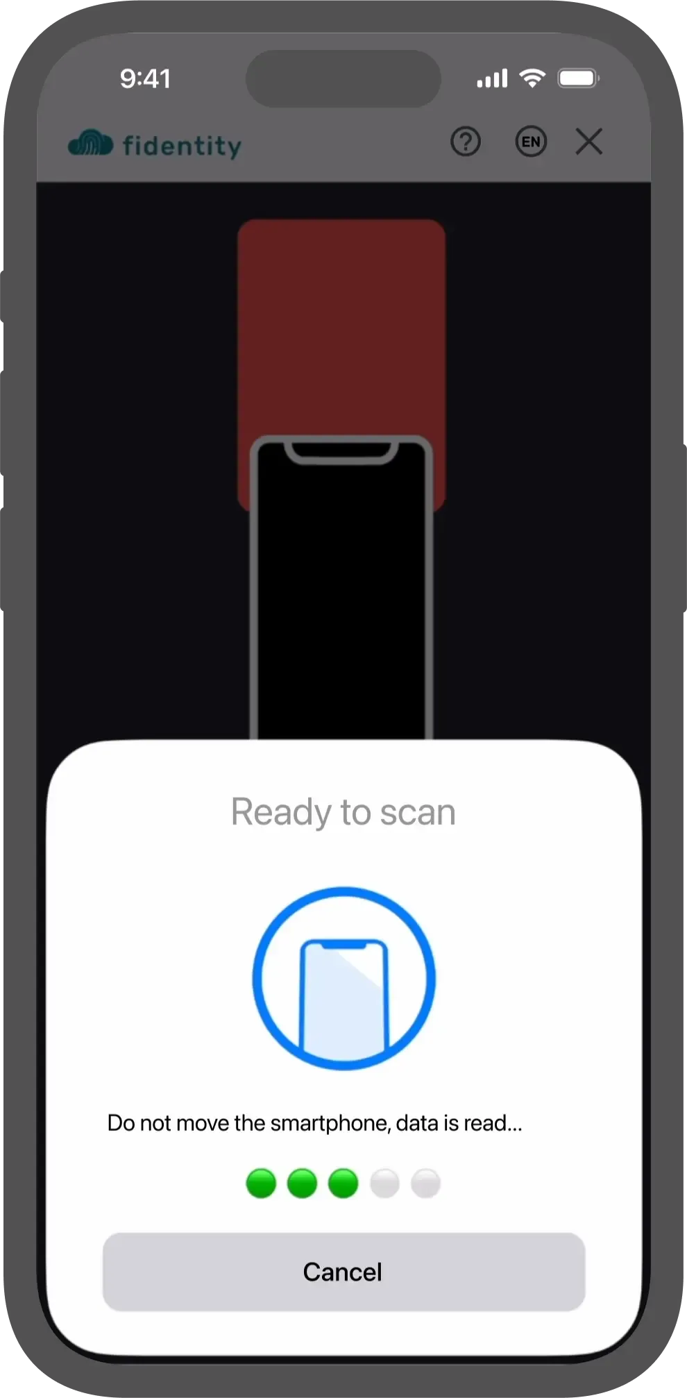 Mockup of the fidentity identification process, showing the reading of NFC data via smartphone.