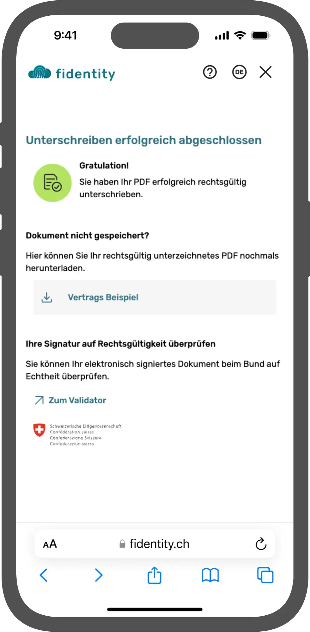 Mockup des fidentity Identifikations Prozesses, der den Success Screen nach erfolgreichem Abschluss zeigt.