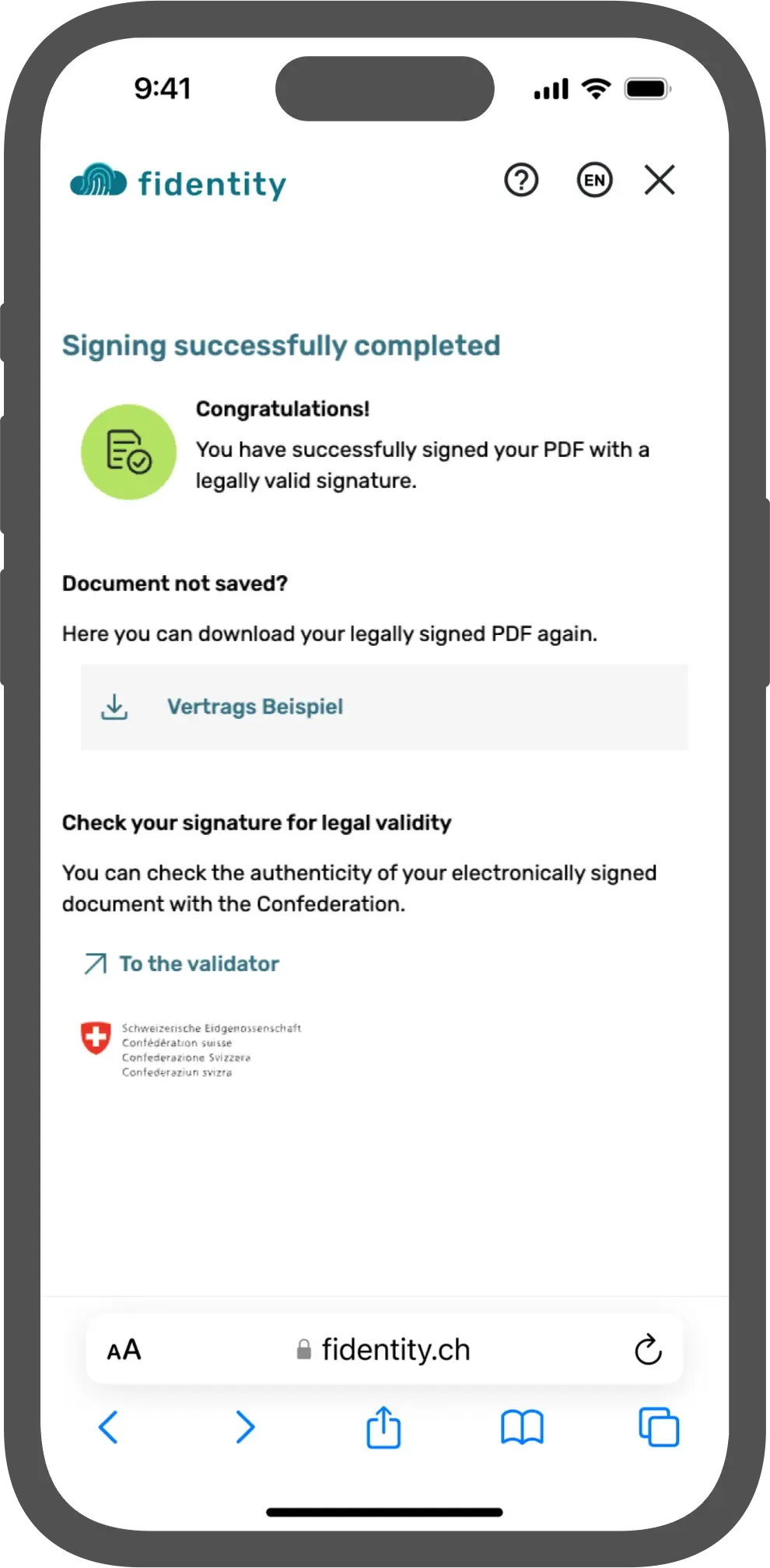 Mockup of the fidentity identification process, showing the final success screen.