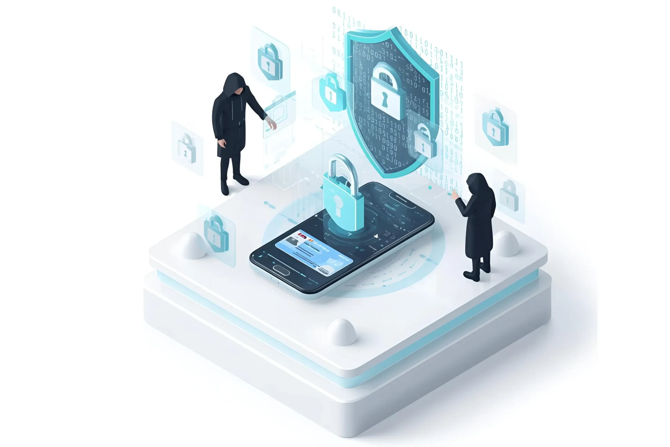 KI generiertes Bild, zwei schwarz gekleidete Figuren stehen um ein Smartphone, umgeben von Schlüsseln und Sicherheitssymbolen.